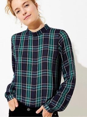 LOFT Plaid Mock Neck Long-Sleeve Top in Navy & Green